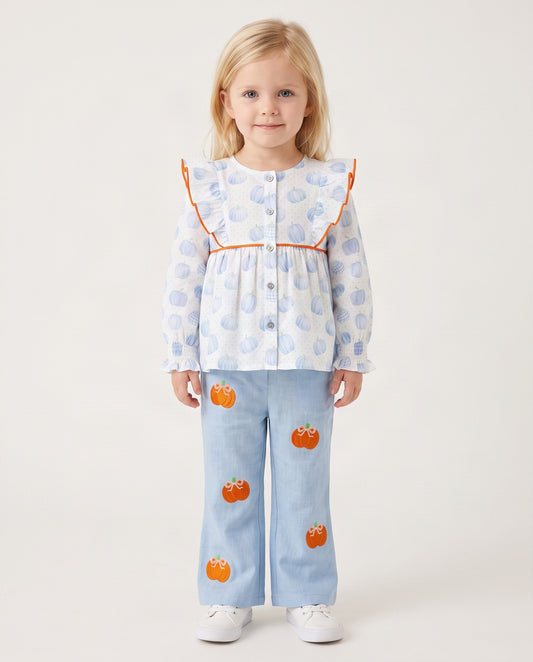Girl Outfit In Blue Hand Embroidered Pumpkin  - DR4017
