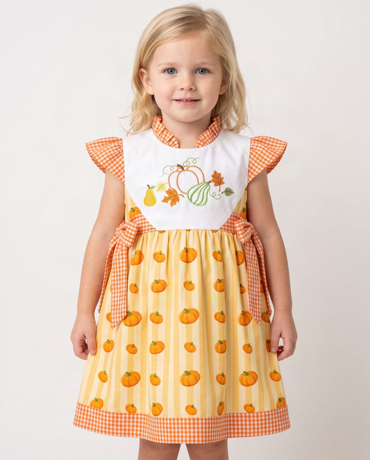 Girl Dress Hand Embroidered Pumpkin And Leaf - DR4016