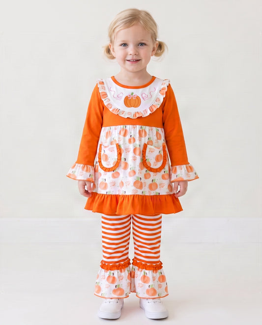 Girl Outfit Hand Embroidered Pumpkin Pink Bow - DR4009