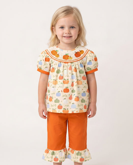 Girl Outfit Hand Smocked Orange Pumpkin - DR4007