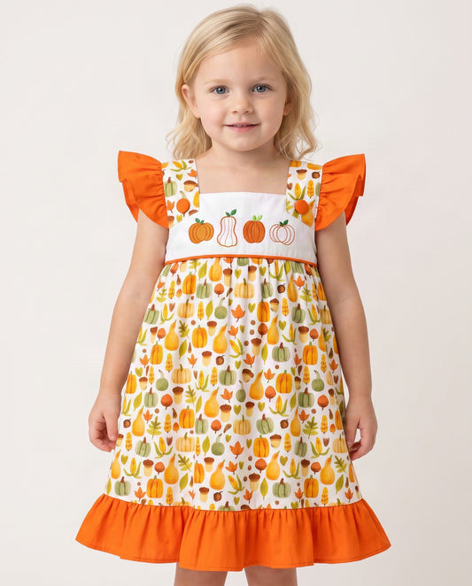Girl Dress Little Pumpkins Embroidered - DR4005