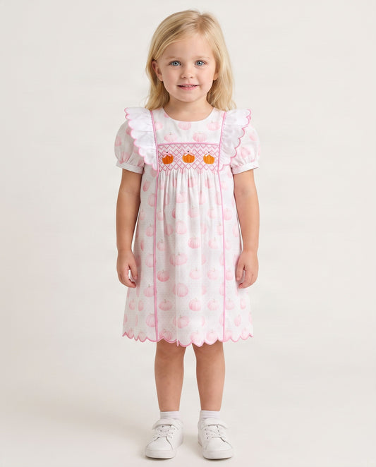Girl Dress Geometric Smocked With Pumpkin Embroidered - DR4004