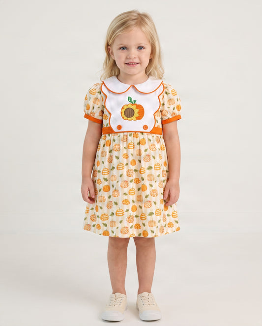 Girl Dress Hand Embroidered Pumpkin Sunflower - DR4003