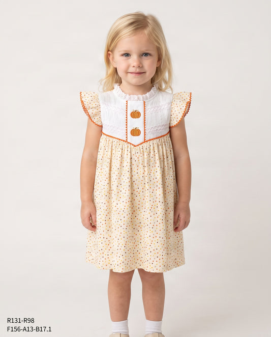 Thanksgiving Colorful Dots On White Pumpkin Hand Embroidered Dress For Girrl - DR3759