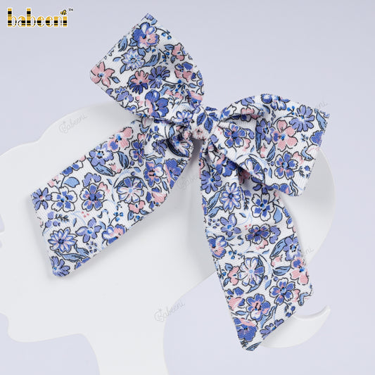 Blue & Pink Floral Cotton Hair Bow - VAA003