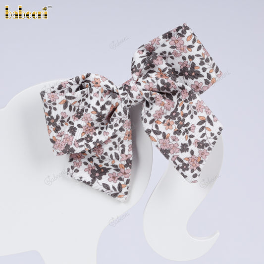 Dusty Pink & Brown Floral Cotton Hair Bow - VAA004