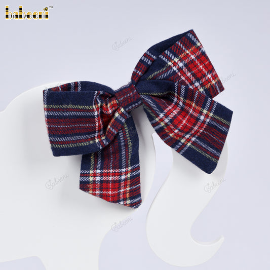Navy Red Plaid Cotton Hair Bow - VAA010