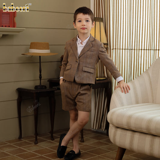 Boys' Brown Checkered Vest Set with Pleated Pants and White Shirt - VAB005