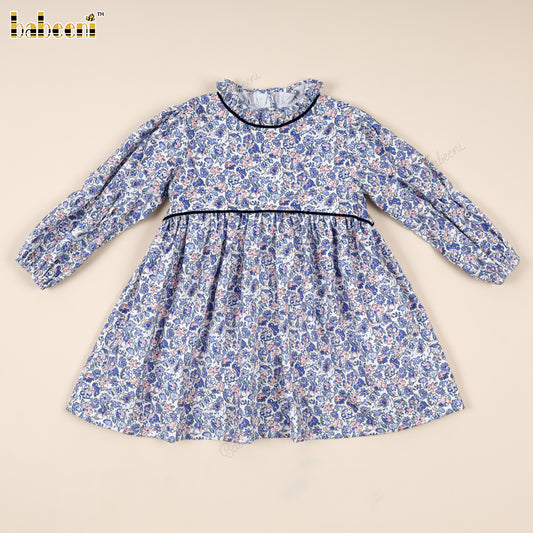 Long Sleeve Floral Girl Dress with Velvet Trim and Ruffle Collar - VAG003