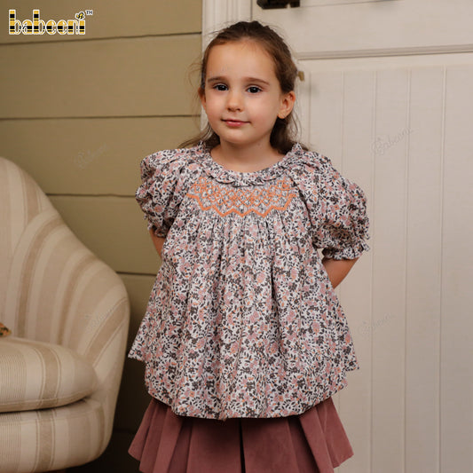 Smocked Floral Top and Pleated Skirt Set for Girls - VAG004
