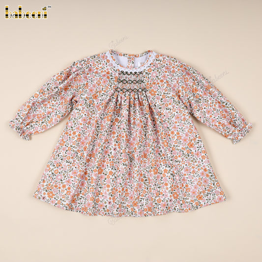 Long-Sleeve Floral Smocked Dress in Orange-Pink Tones - VAG006