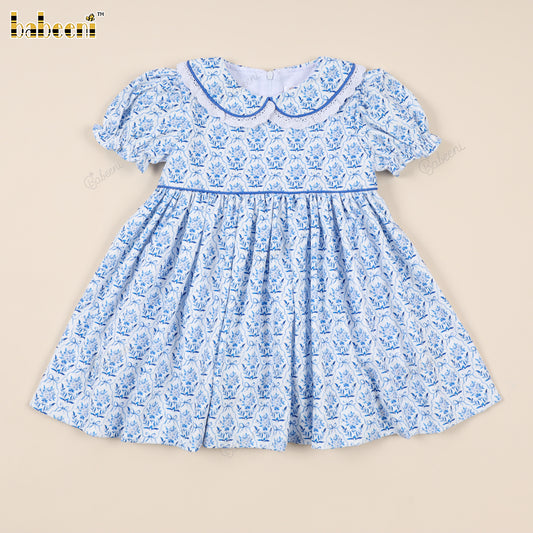 Flared Corduroy Dress with Floral Print and Velvet Details - VAG007