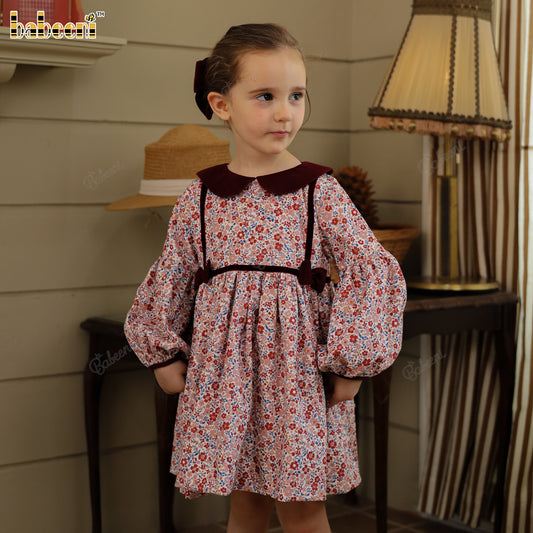 Flared Corduroy Dress with Floral Print and Velvet Accents - VAG009