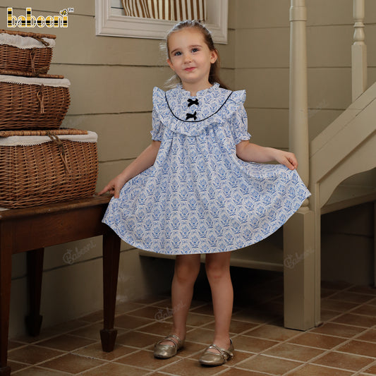 A-Line Pintuck Dress with Velvet Bow and Ruffled Collar - VAG011