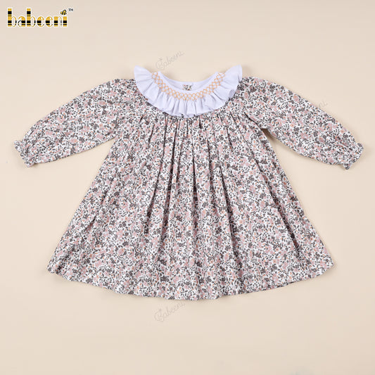 A-Line Dress with Smocked Ruffle Collar and Back Buttons - VAG013