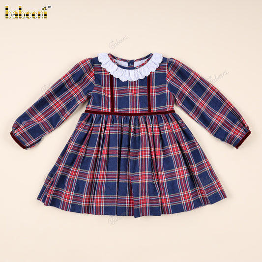Plaid Corduroy Dress with Velvet Ribbon and Lace Trim - VAG017
