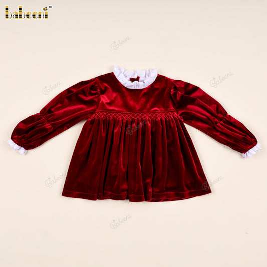 Warm Red Velvet Top with Smocking, Lace Trim, and Stretch Fabric - VAG027