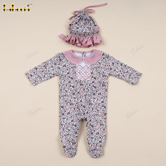 Baby Floral Footie Romper with Smocking and Matching Bonnet - VAI001