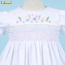 Honeycomb Smocking Dress In White And Colorful Flowers - DR3566