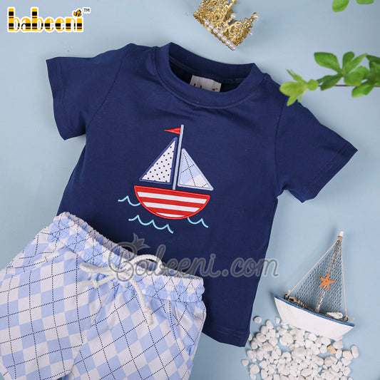 Nice boat applique boy set clothing – BC 1017