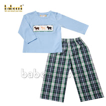 Cute puppies smocked green plaid boy long set - BC 880