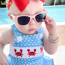 Smocked SunDress In Blue With White Dots And Crabs For Girl