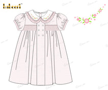 Honeycomb Smocking Dress Pink White Neck Flower Embroidery For Girl - DR3557