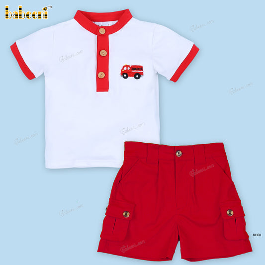 French Knot Firetruck Red Accent Outfit For Boy - BC1131