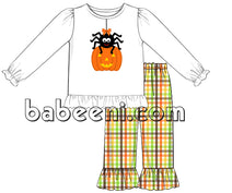 Halloween scared pumpkin and spider applique girl outfit - DR 2516