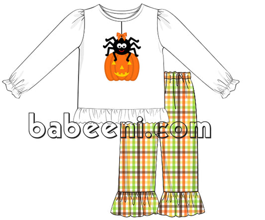 Halloween scared pumpkin and spider applique girl outfit - DR 2516