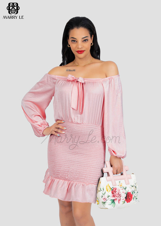 OFF-SHOULDER BUSINESS BABY PINK SATIN DRESS - MD327