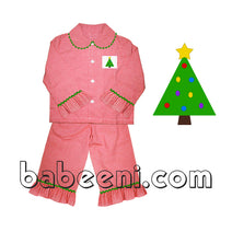 X-mas tree smocked pajamas for little girls - PJ 038