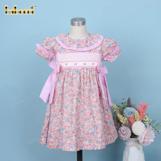 Geometric Dress Pink Accent 2 Bows Purple Floral For Girl - DR3653