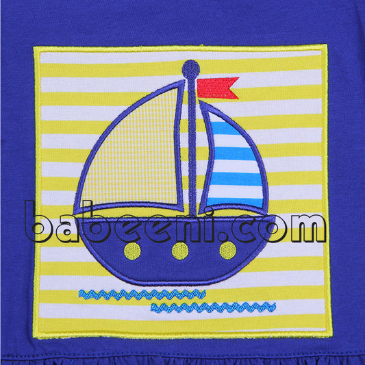 Cute sailboat applique knit girl set - KN101