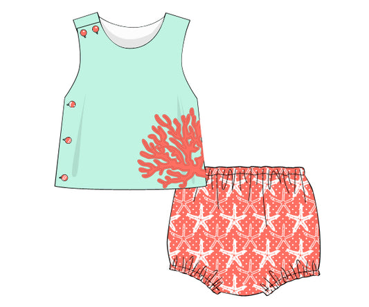 I22- Starfish and white dot in coral printed fabric