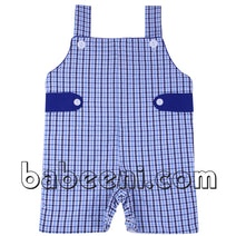 Cute pale blue navy gingham seersucker shortall for boy - BC 601