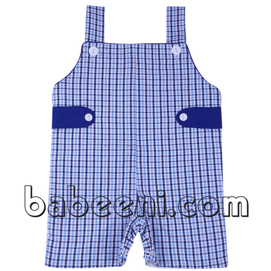 Cute pale blue navy gingham seersucker shortall for boy - BC 601