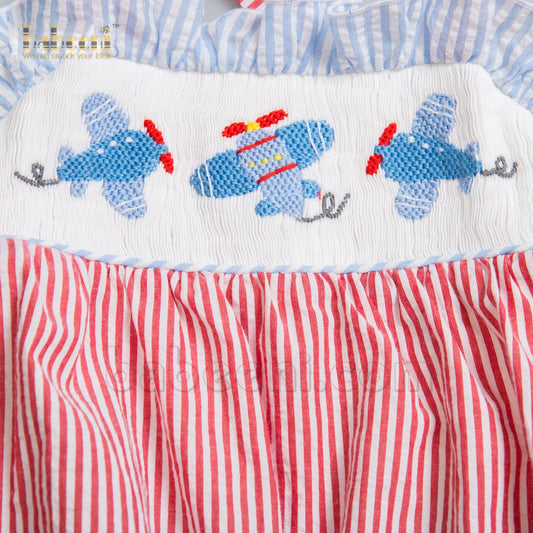 Lovely red striped girl bubble with smocked blue airplain - DR 3080