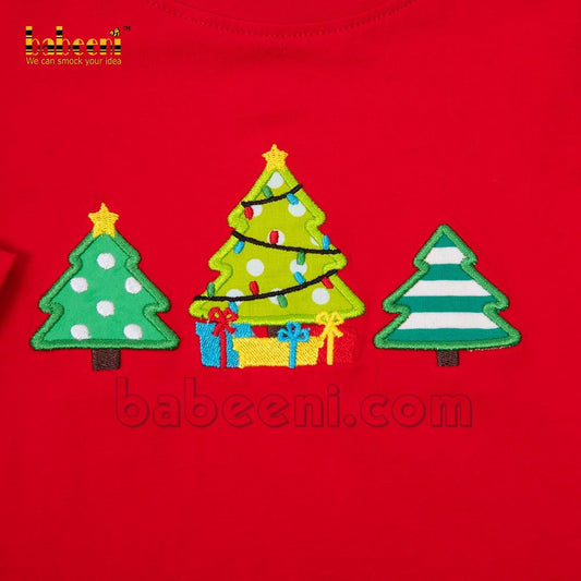 Xmas trees appliqued boy set red top print bottom - BC 920