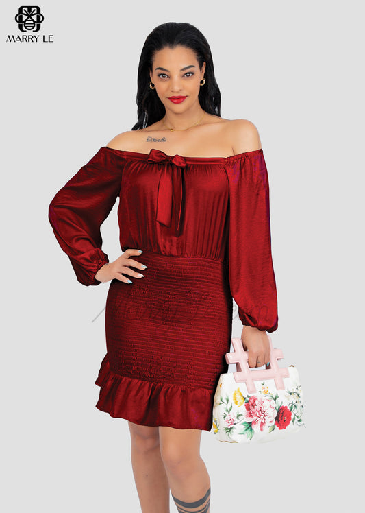 OFF-SHOULDER BUSINESS CHARMING RED SATIN DRESS - MD330