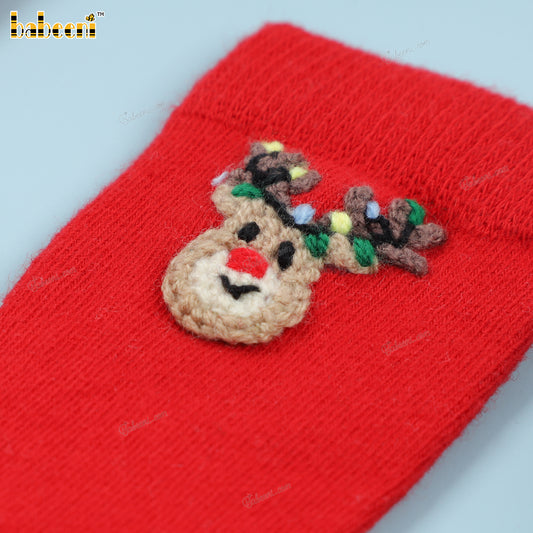 Kid Sock In Red Reindeer Embroidered - HS42