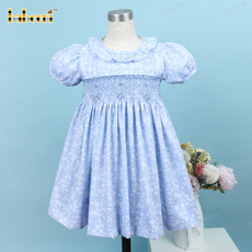 Geometric Smocked Belted Dress In Blue For Girl - DR3597