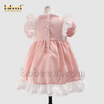 Lovely little girl ribbon smocked pink satin dress - DR 3234