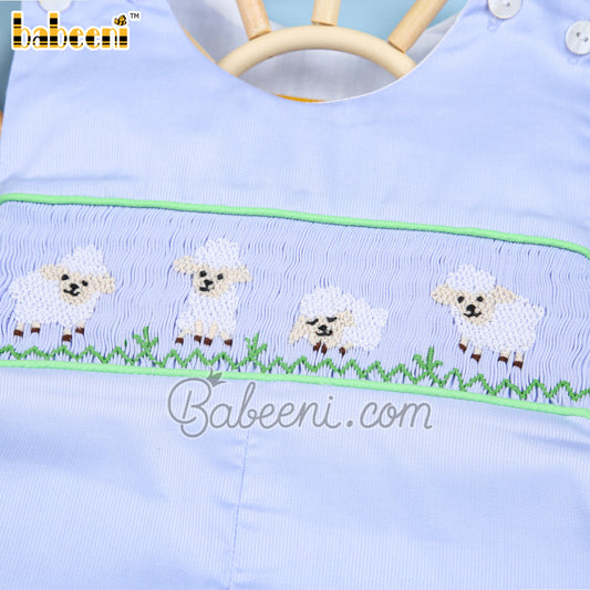 White sheep hand-smocked shortalls for little boys - BC 895