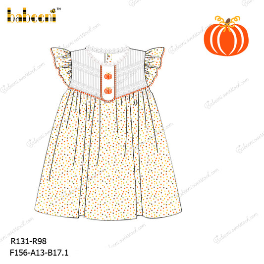 Thanksgiving Colorful Dots On White Pumpkin Hand Embroidered Dress For Girrl - DR3759