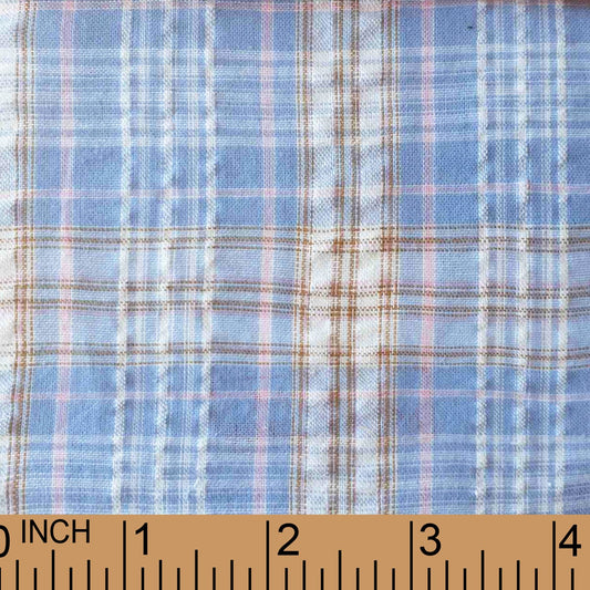 XB25- white, blue, khaki plaid seersucker