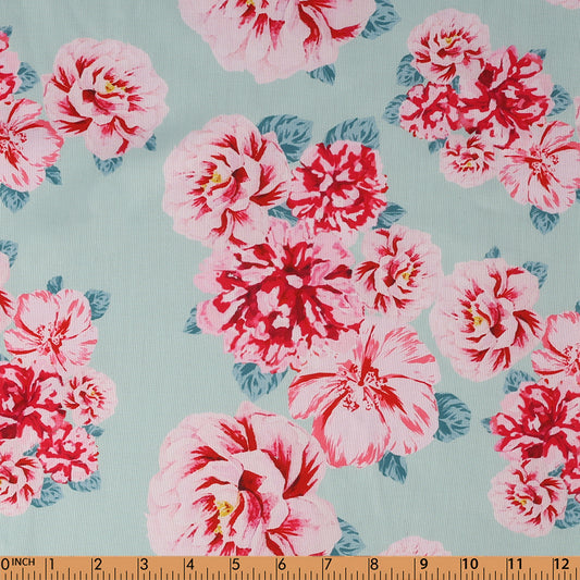 F50- Hot pink Peony in Mint pique fabric printed 4.0