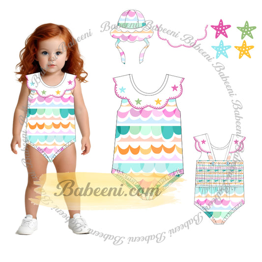 1-pieces swimsuit For girl with many colorful waves Spring-Summer pattern and scalope + stars hand embroidery - DR4218