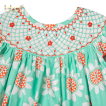 Coral geometric smocked mint dress for baby girl -DR 3077