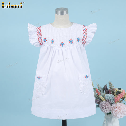 Girl Geometric Flowers Hand Embroidered Dress In White - DR3812